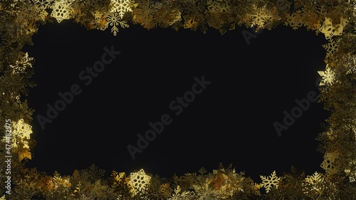 Gold frame from snowflakes in dark background. Animated christmas greeting card.