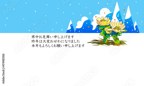 中見舞いのグリーティングカード,早春の福寿草と雪の風景