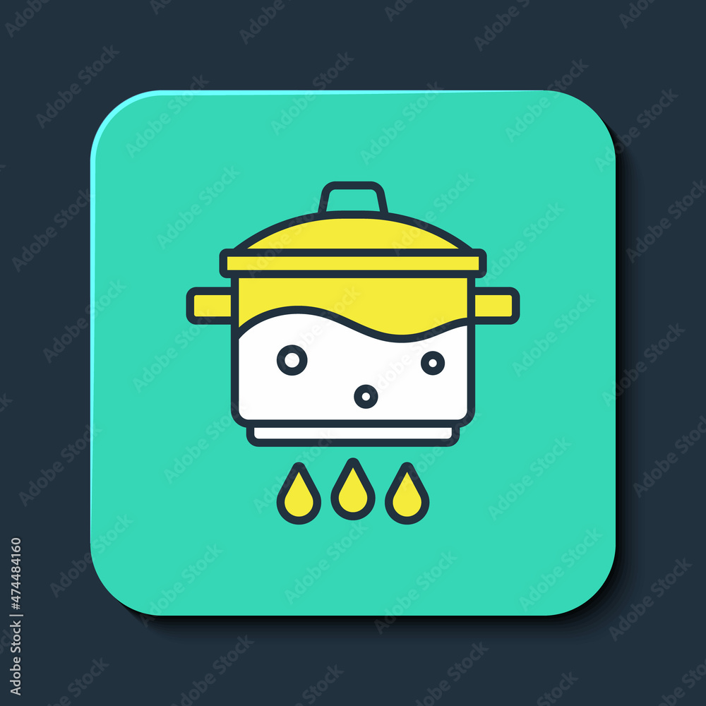 Filled outline Cooking pot on fire icon isolated on blue background. Boil or stew food symbol. Turquoise square button. Vector