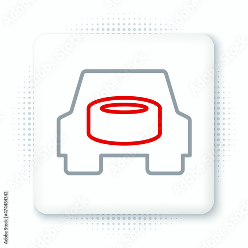 Line Spare wheel in the car icon isolated on white background. Process of replacing the wheel. Storage location of the spare wheel in the trunk. Colorful outline concept. Vector