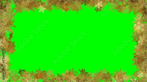 Gold frame from snowflakes in green screen background. Animated christmas greeting card.