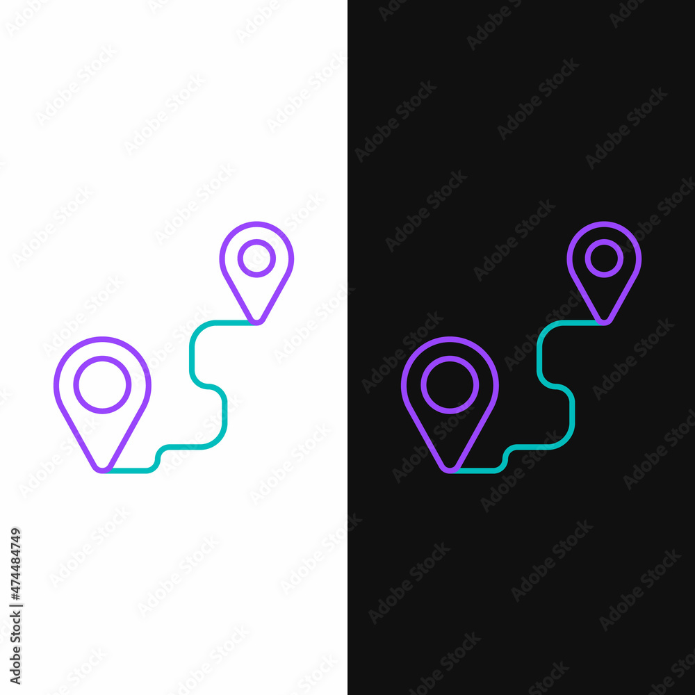Line Route location icon isolated on white and black background. Map pointer sign. Concept of path or road. GPS navigator. Colorful outline concept. Vector Line Route location icon isolated on white and black background. Map pointer sign. Concept of path or road. GPS navigator. Colorful outline concept. Vector