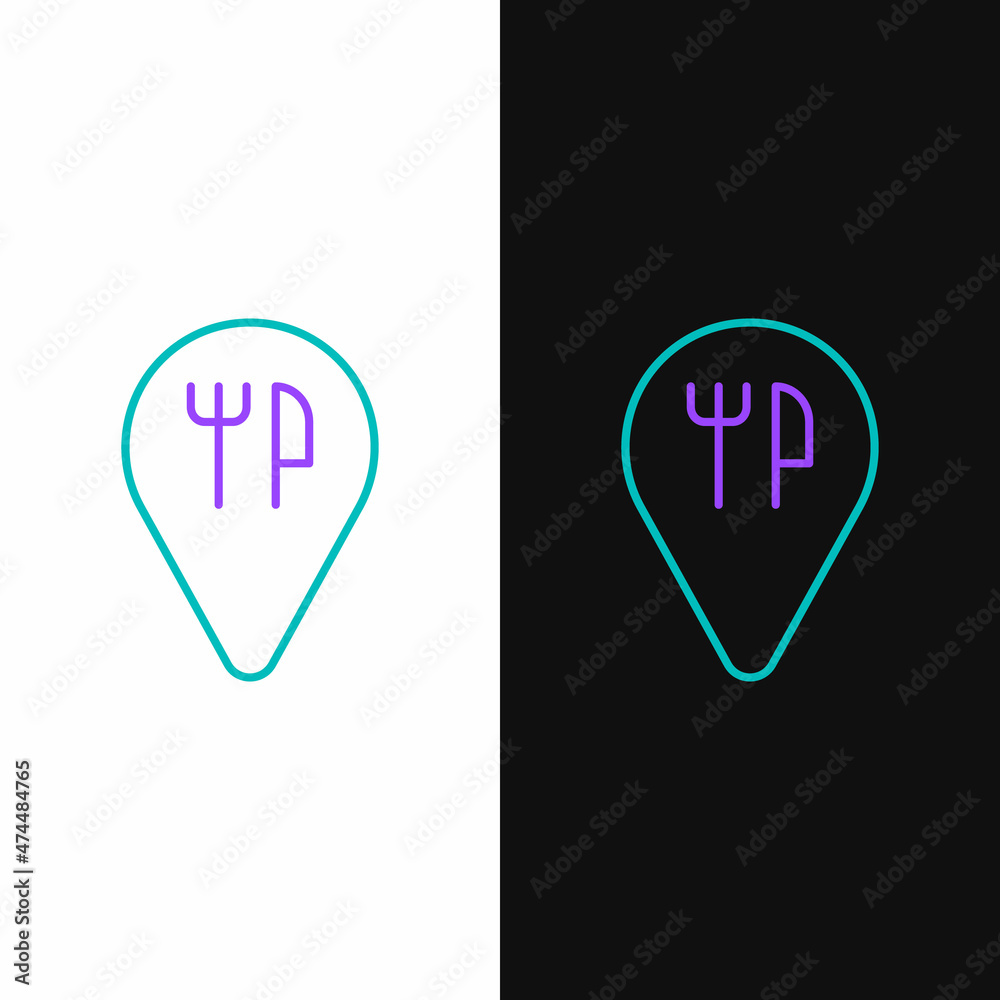Line Cafe and restaurant location icon isolated on white and black background. Fork and spoon eatery sign inside pinpoint. Colorful outline concept. Vector. Line Cafe and restaurant location icon isolated on white and black background. Fork and spoon eatery sign inside pinpoint. Colorful outline concept. Vector.
