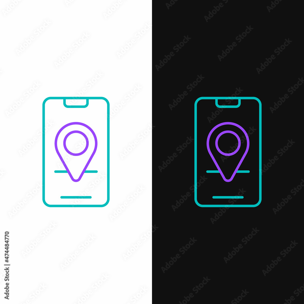 Line Infographic of city map navigation icon isolated on white and black background. Mobile App Interface concept design. Geolacation concept. Colorful outline concept. Vector Line Infographic of city map navigation icon isolated on white and black background. Mobile App Interface concept design. Geolacation concept. Colorful outline concept. Vector
