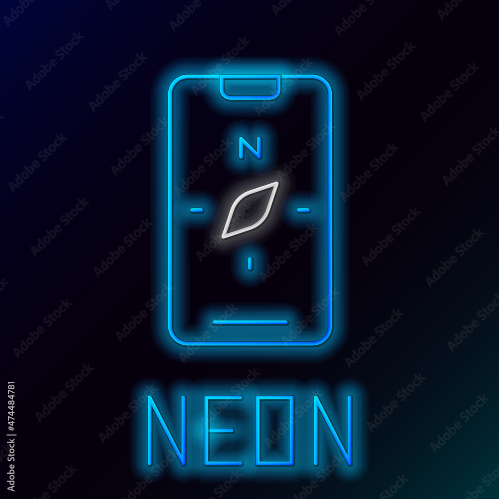 Glowing neon line Compass screen apps on smartphone for navigation icon isolated on black background. Application compass for navigation, app map. Colorful outline concept. Vector Glowing neon line Compass screen apps on smartphone for navigation icon isolated on black background. Application compass for navigation, app map. Colorful outline concept. Vector