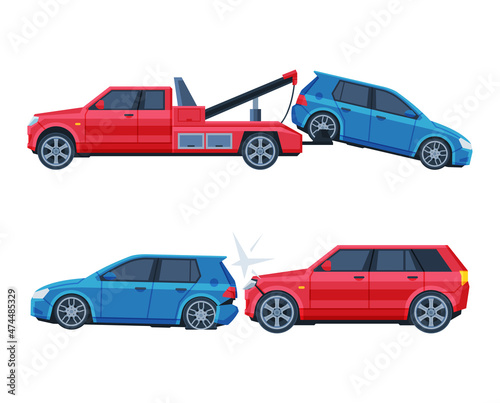Traffic Collision or Car Accident with Damaged Transport on the Road Vector Set