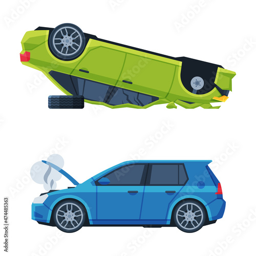 Traffic Collision or Car Accident with Damaged Transport Rested Upside Down on the Road Vector Set.