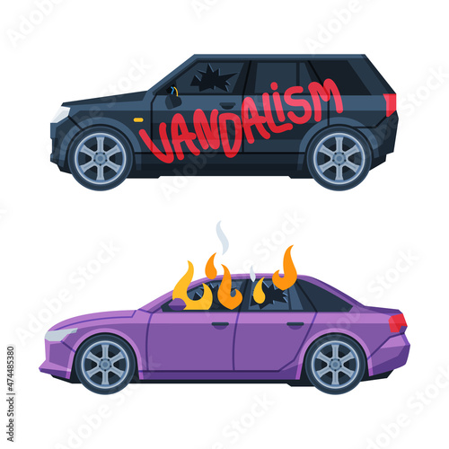 Vandalism with Car Flaming and Glass Broken as Damage of Private Property Vector Set