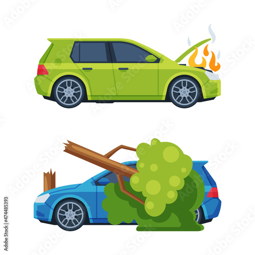 Traffic Collision or Car Accident with Damaged Transport on the Road Vector Set
