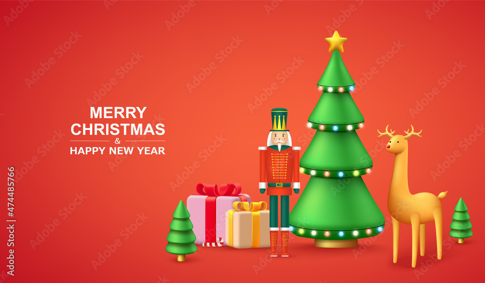 Christmas festive winter composition with New Year tree, gift boxes, reindeer, tin soldier. Holiday red seasonal background. Christmas festive winter composition with New Year tree, gift boxes, reindeer, tin soldier. Holiday red seasonal background.