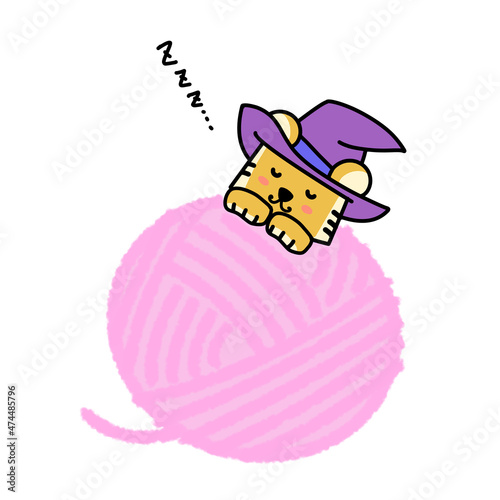 魔法使いの姿のトラが毛糸の中でぐっすり眠るイラスト