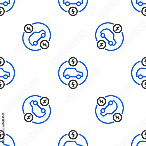Line Electric car and electrical cable plug charging icon isolated seamless pattern on white background. Renewable eco technologies. Colorful outline concept. Vector