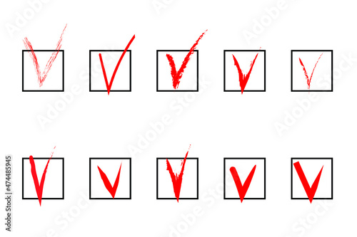 Check mark. Hand drawn check mark and box. Empty filled boxes for answers in test, voting, confirmation, negation icons. Checklist signs template. Vector illustration isolated on white.