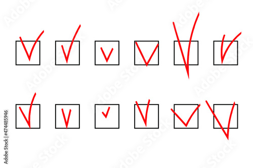 Check mark. Hand drawn check mark. Empty filled boxes for answers in test, voting, confirmation, negation icons. Checklist signs template. Vector illustration isolated.