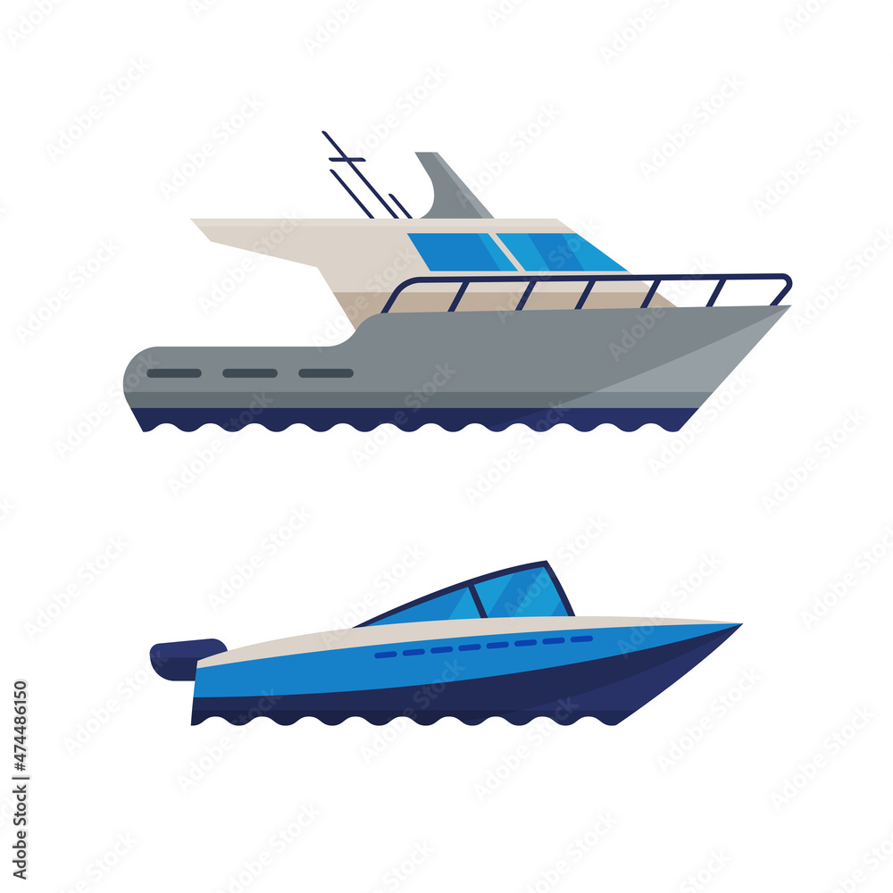 Motorboat or Speedboat as Watercraft or Swimming Water Vessel Vector Set