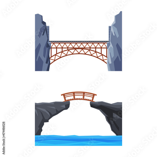 Bridge Structure Carrying Road Across River Vector Set