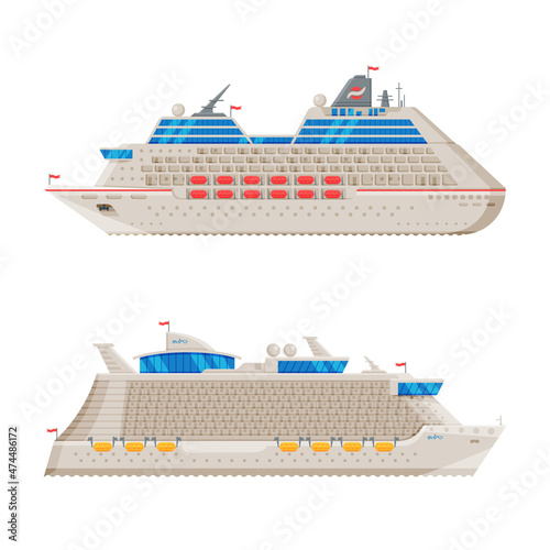 Cruise Ship as Water Transport for Vacationing Vector Set