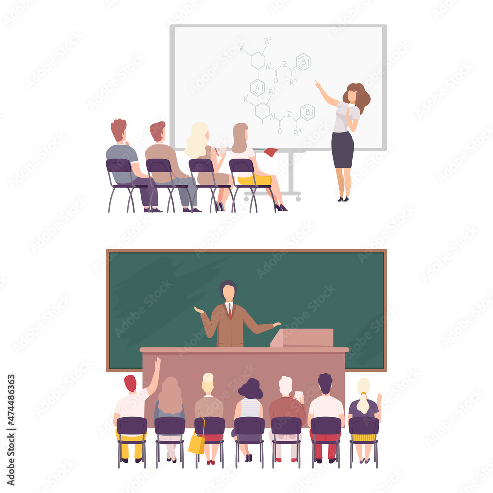 Man and Woman University Professor Standing in Front of Chalkboard Explaining Lesson and Student Sitting on Chair Vector Set