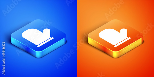 Isometric Oven glove icon isolated on blue and orange background. Kitchen potholder sign. Cooking glove. Square button. Vector