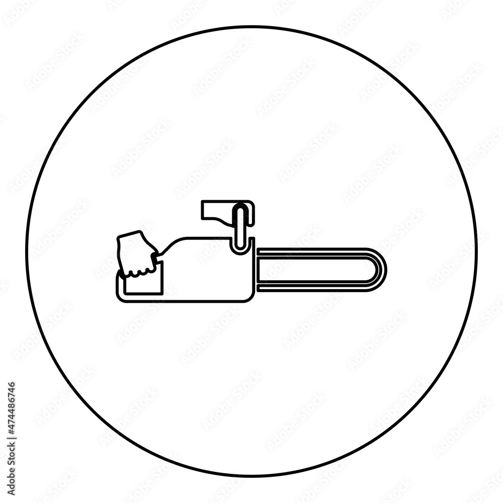 Chainsaw in hand lumberjack woodcutter icon in circle round black color vector illustration image outline contour line thin style Chainsaw in hand lumberjack woodcutter icon in circle round black color vector illustration image outline contour line thin style