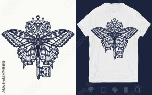 Butterfly and key tattoo art. Mystical symbol of freedom, spiritual search, flight, travel. T-shirt design. Vector graphics template. Hand drawn illustration