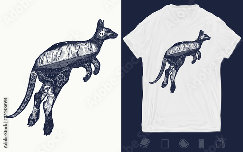 Kangaroo double exposure tattoo art, symbol of Australia, travel and tourism. T-shirt design. Vector graphics template. Hand drawn illustration