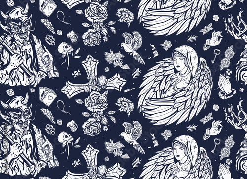 Paradise and Hell art. Old school tattoo style. Good and devil. Angel and demon seamless pattern. Cross with roses, hands prayer, dove. Sin and holiness