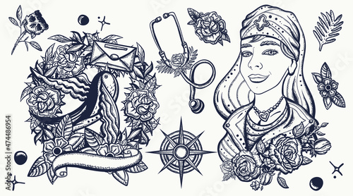 Beautiful nurse and letter swallow. World War One style. Old school tattoo vector collection. Love of soldier. Traditional tattooing style