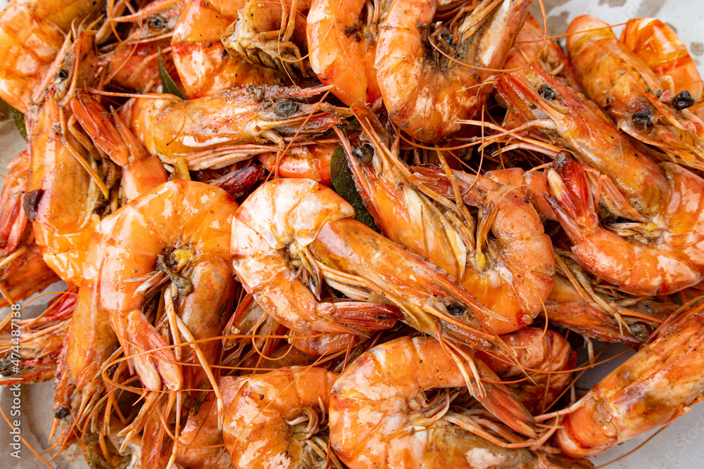 Boiled king prawns on a tropical island. Boiled king prawns on a tropical island.