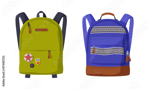 Fashionable Backpack or Rucksack with Two Straps Carried Over Shoulder Vector Set