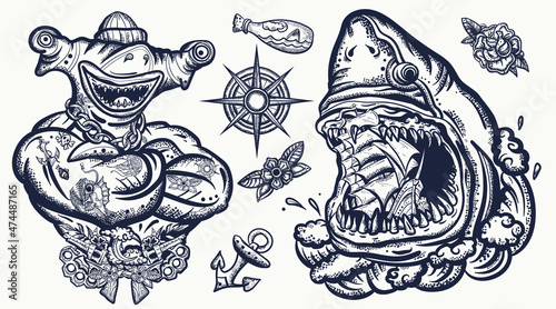 Sharks. Old school tattoo collection. Strong hammerhead shark fish. Tattooing art. Great white shark and drowned ship. Underwater life set