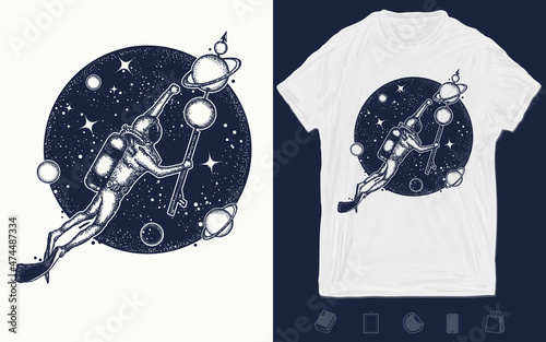 Astronaut in deep space t-shirt design. Space diver floats in universe tattoo art. Symbol of science, research, travel. Vector graphics template. Hand drawn illustration