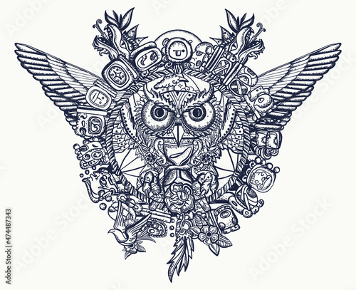 Magic owl and mayan elements old school tattoo and t-shirt design. Mesoamerican mexico mythology and culture. Tribal totem and ancient glyphs