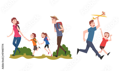 Parents and Their Kids Having Good Time Together Hiking with Backpack and Flying Toy Plane Vector Set