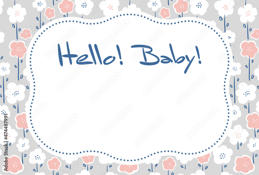 出産祝い ポストカードテンプレート／優しい花柄のフレーム（横向き）