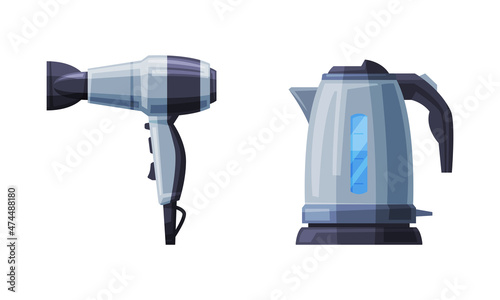 Hair Dryer and Kettle as Home or Household Electric Appliance Vector Set