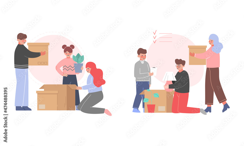 Happy Family Packing Cardboard Box for Relocating or Moving to New Apartment Vector Set Happy Family Packing Cardboard Box for Relocating or Moving to New Apartment Vector Set