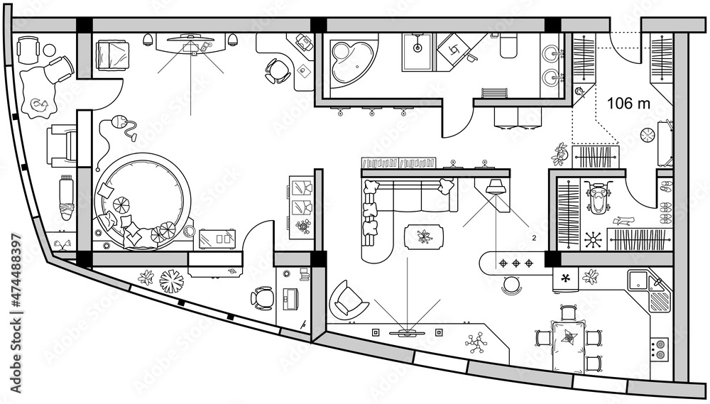 Architecture floor plan. Sketch of interior apartment furniture icon top view. Room in flat style. House floor design project, living room, kitchen, bedroom, bathroom in above. Vector 