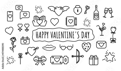 Set of icons for Valentine s Day to decorate cards  invitations  stickers  line art and doodle graphics  collection of love icons  hearts and more. Vector illustration