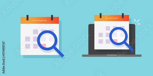 Calendar search appointment or event agenda scheduled date online vector icon with magnifying glass and digital electronic computer screen flat cartoon illustration