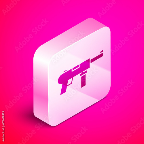 Isometric Submachine gun M3, Grease gun icon isolated on pink background. Silver square button. Vector