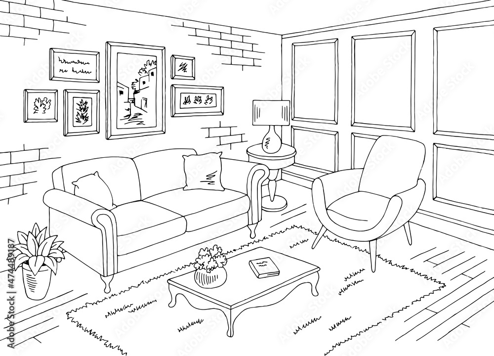 Living room graphic black white home interior sketch illustration vector 