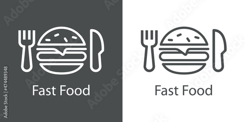 Comida para llevar. Banner con texto Fast Food con cubiertos con hamburguesa con líneas en fondo gris y fondo blanco