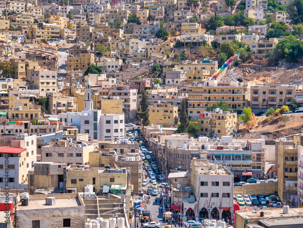  Aerial view with the busy city of Amman, the capital of Jordan