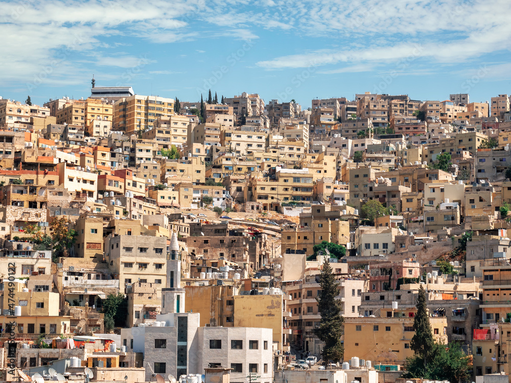 Aerial view with the busy city of Amman, the capital of Jordan
