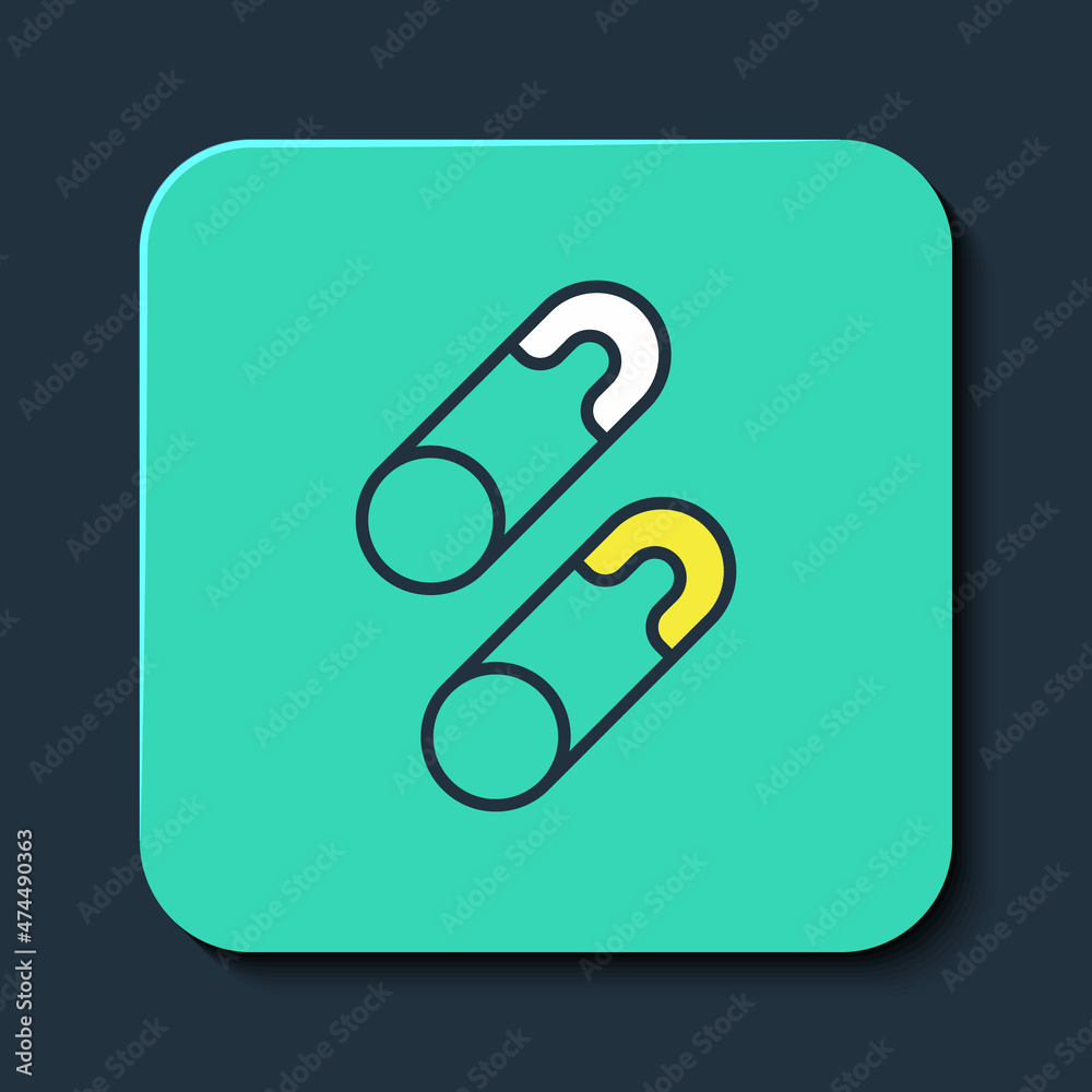 Filled outline Classic closed steel safety pin icon isolated on blue background. Turquoise square button. Vector Filled outline Classic closed steel safety pin icon isolated on blue background. Turquoise square button. Vector