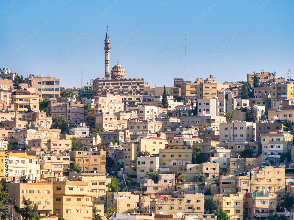  View of Abu Darweesh Mosque and many apartment buildings in Amman, Jordan.