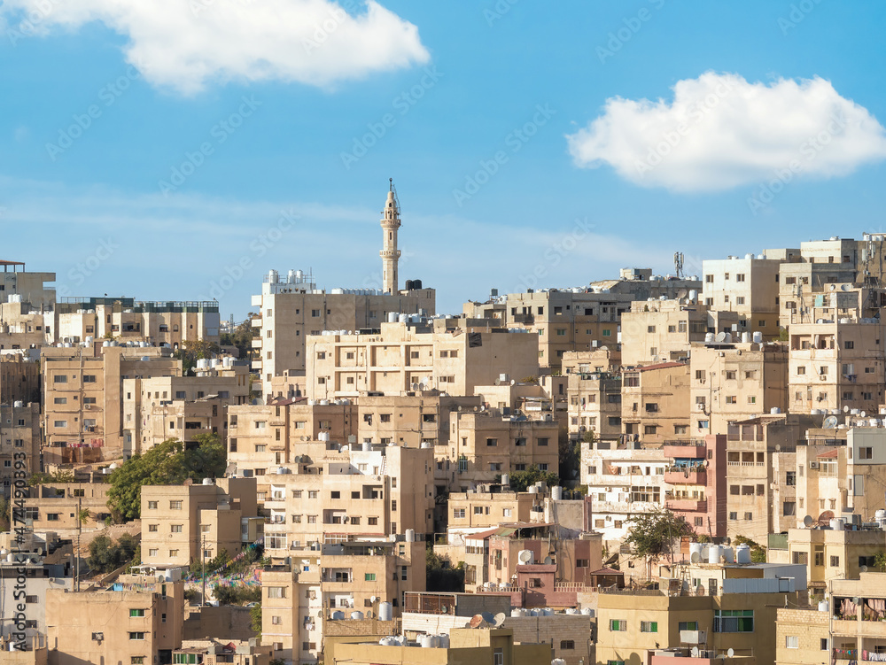 Close up detail with many crowded apartment buildings in Amman, Jordan.