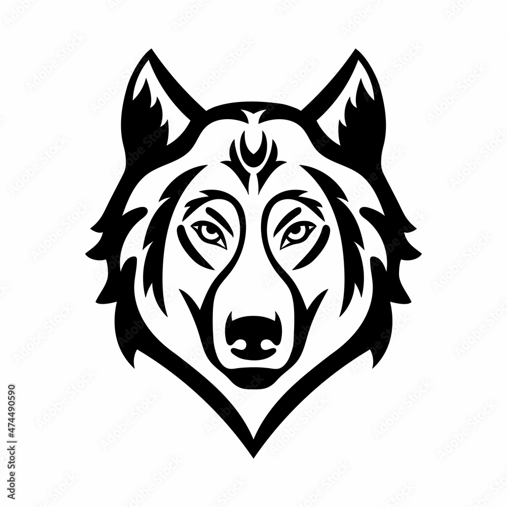 Wolf Head Icon in black and white. Vector illustration for mascot and T-shirt graphic. Wolf or dog Face sign isolated on white