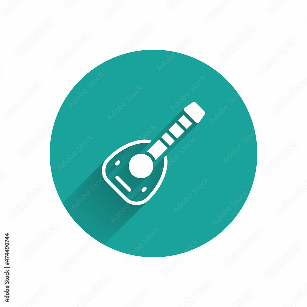 White Musical instrument lute icon isolated with long shadow background. Arabic, Oriental, Greek music instrument. Green circle button. Vector White Musical instrument lute icon isolated with long shadow background. Arabic, Oriental, Greek music instrument. Green circle button. Vector